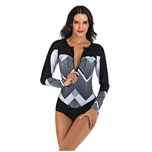 QIMANZI Damen Schwimmshirt Langarm UPF 50+ Athletic Swim Shirt Farbblock Druck Tankini Sets Badeanzug Badeshirt (B Schwarz,S)