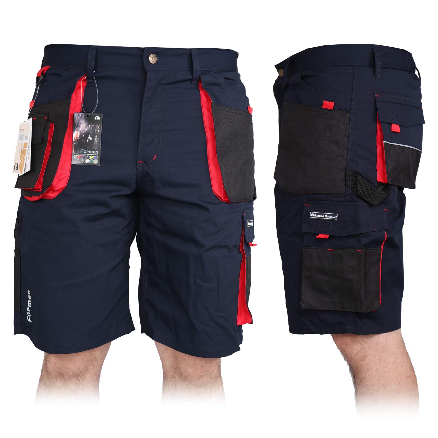 Kurze Arbeitshose für Herren, Bermuda Shorts Sommerhose Sicherheitshose Schutzhose Arbeitsbekleidung Sommer, Blau-Schwarz-Rot, XXXL