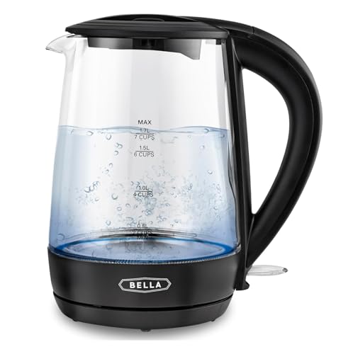 BELLA 1.7 Liter Glass Electric Kettle, Quickly Boil 7 Cups of Water in 6-7 Minutes, Soft Blue LED Lights Illuminate While Boiling, Cordless Portable Water Heater, Carefree Auto Shut-Off, Black