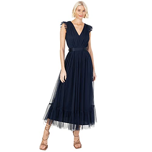 Anaya with Love Damen Ladies Maxi Dress for Women V Neckline Sleeveless Frilly for Wedding Guest Bridesmaid Prom Long High Empire Waist Tiered Kleid, Navy Blue,