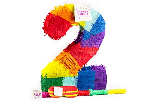 Trendario Zahl 2 Pinata Set, Pinjatta + Stab + Augenmaske, Ideal zum Befüllen mit Süßigkeiten und Geschenken - Piñata für Kindergeburtstag Spiel, Geschenkidee, Party, Hochzeit