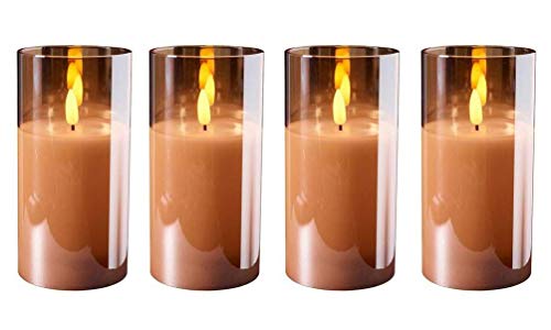 Hochwertige LED Adventskerzen im Glas - 4er Kerzenset/Sparset - Timer - Realistisch Flackernd - Kerze Weihnachten/Weihnachtskerzen/Adventskranz (Amber, Groß - Höhe 15cm / Ø 7,5cm)