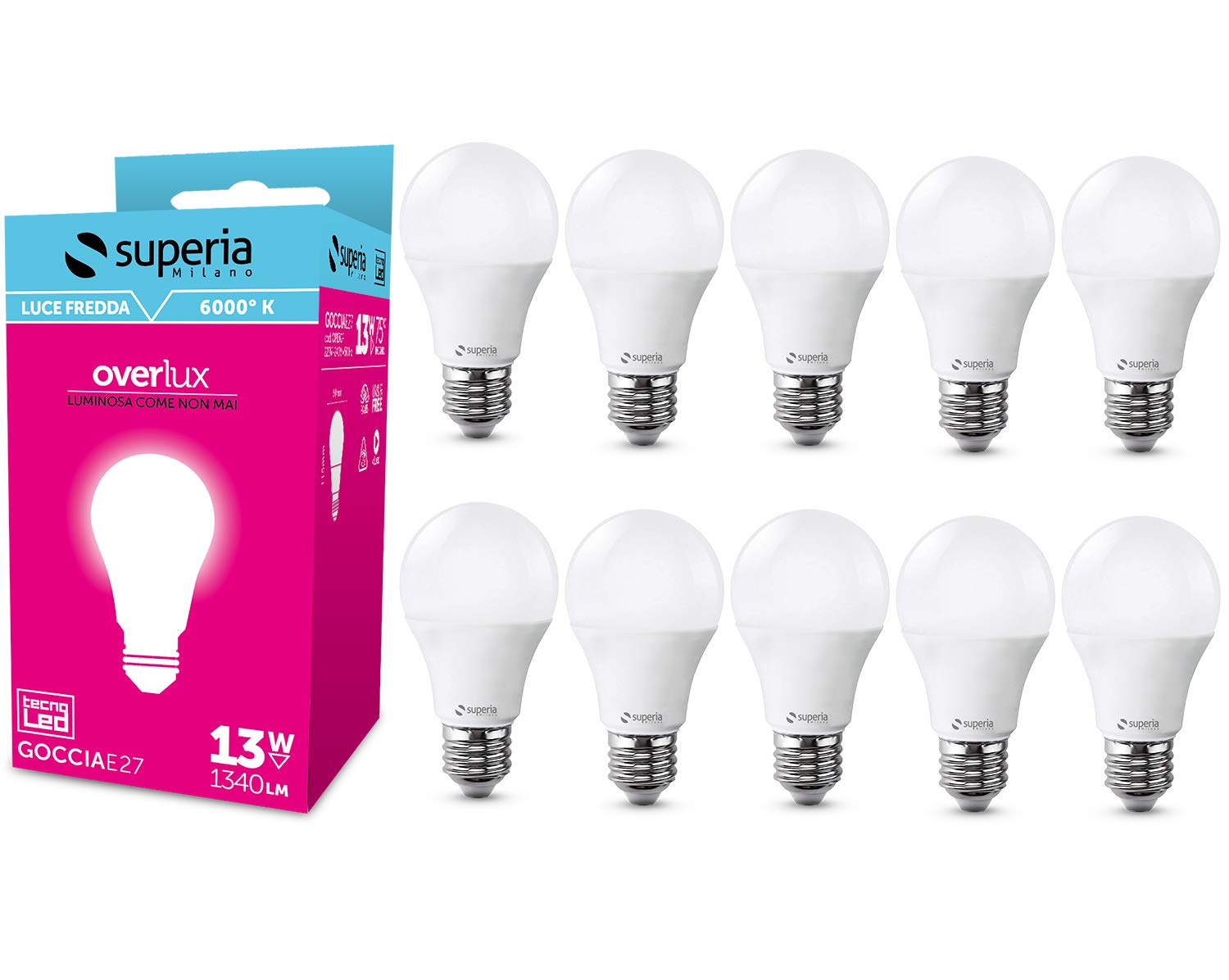Superia LED-Glühbirne E27 Drop, 13W (75W Äquivalent), kaltes Licht 6000K, RA80 hell 1340 Lumen, Opal Abdeckung A60, Edison Schaft, energiesparend, kein Flimmern, OP13GF, 10er-Pack
