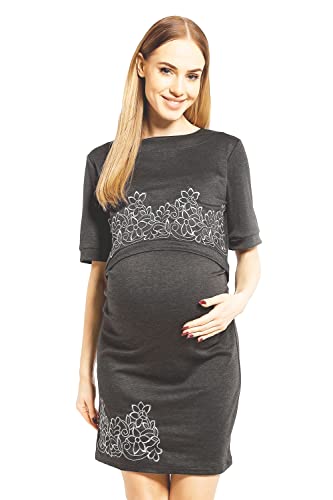 Selente Mummy Love Damen Umstandskleid (Made in EU) Schwangerschaftskleid mit Stillfunktion, mit Stickerei Kurzarm Dunkelgrau, Gr. S-M