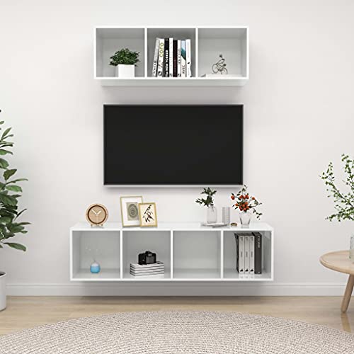 Youuihom TV-Wandhängeschrank-Set, Hanging TV Stand, TV-Möbel, 2-TLG. TV-Schrank-Set Hochglanz-Weiß Holzwerkstoff Geeignet für Wohnzimmer, Schlafzimmer, Hotel, B&B, Audiovisuelles Zimmer