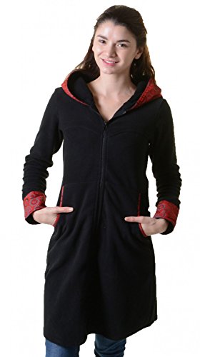 KUNST UND MAGIE Fleece Mantel Jacke mit Kapuze Goa PSY Hippie Boho romantisch, Größe:38, Farbe:Schwarz/Rot