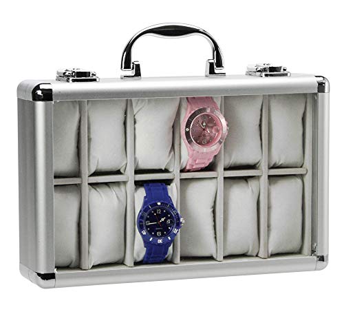 SAFE 265-2 ALU Uhrenaufbewahrungsbox Herren für 12 Uhren-Schmuckhalter in Klassik grauem Samt (leer) - abschließbare Uhren Box mit Glasdeckel und abnehmbaren Uhrenkissen