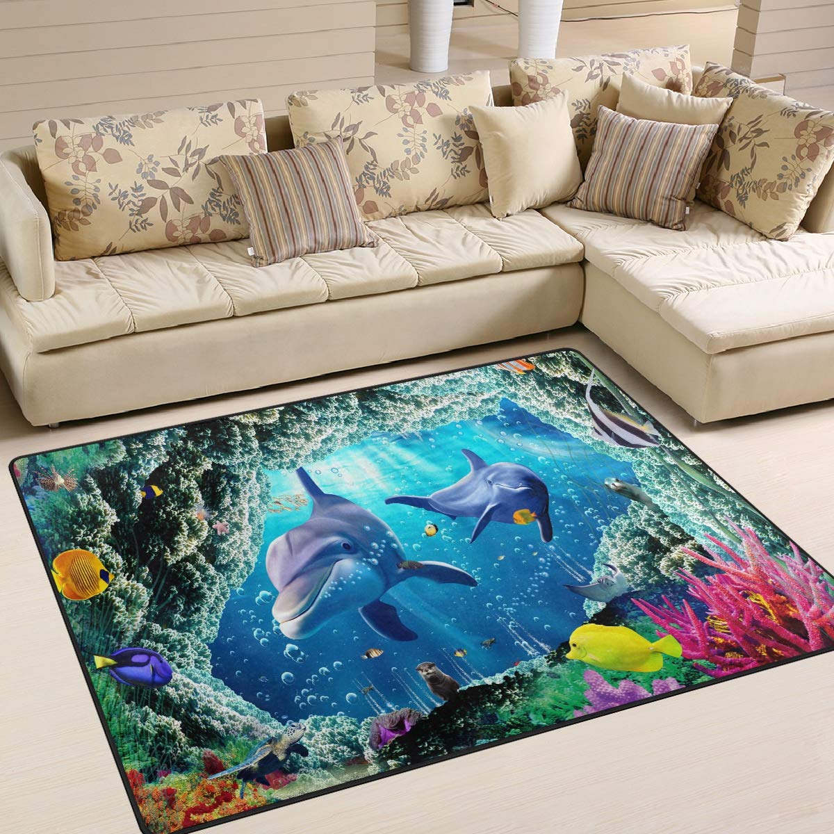 Use7 Schöner Ocean Coral Reef Delphin Teppich für Wohnzimmer Schlafzimmer 203 cm x 147,3 cm