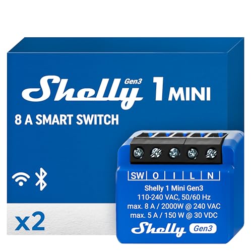 Shelly 1 Mini Gen 3 | WiFi & Bluetooth Smart Switch Relais 1 Kanal 8A | Hausautomation | Kompatibel mit Alexa und Google Home | iOS-Android-App | Kein Hub erforderlich | Trockenkontakte (2er-Pack)