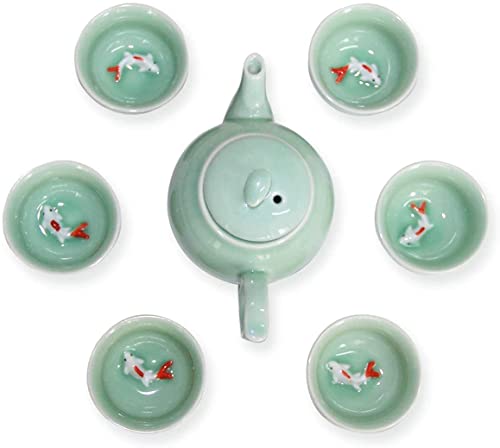 Chinesisches Kung Fu Teeservice Handbemaltes Porzellan (6 Tassen mit Teekanne), Fisch Keramik Teeservice Porzellan Handgefertigte Gravur Seladon Keramik Chinesische - Koi Fisch Design (Green-1)