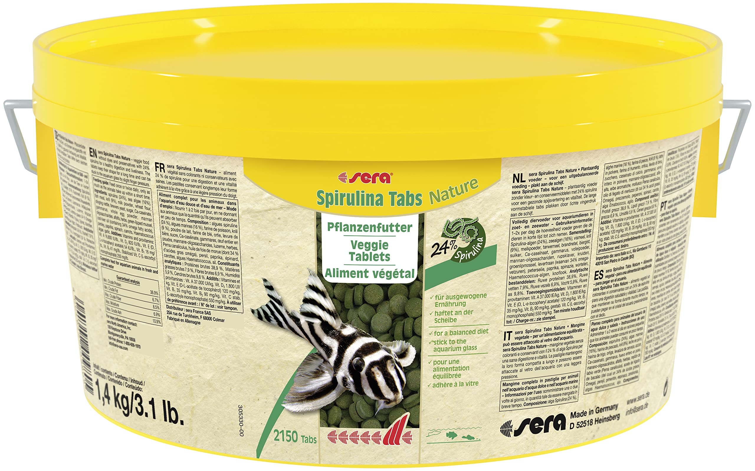 sera Spirulina Tabs Nature 1,4 kg (2,2 L) - Hafttabletten mit 24 % Spirulina für eine gesunde Verdauung und Vitalität, Futtertabletten Aquarium, Rochen Futter