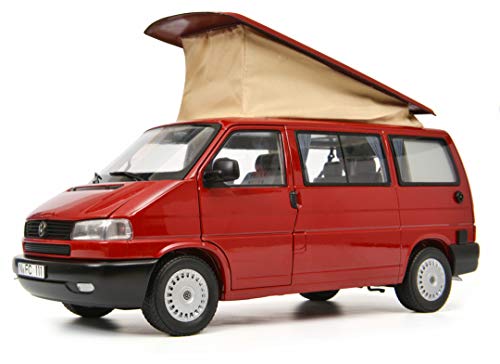 Schuco 450042000 Volkswagen VW T4b Camper, Westfalia, mit faltbarem Campingdach, Modellauto, 1:18, rot