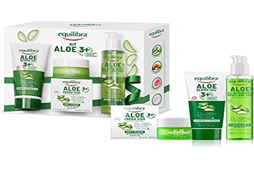 Equilibra Gesichts-Set, Aloe Dermo-Gel 3+ Dermoprotektoren Plus, Aloe Gesichtscreme gegen Falten und Füllstoff, Aloe Gel-Reinigungsmittel für Gesichtsreinigung, Geschenkverpackung