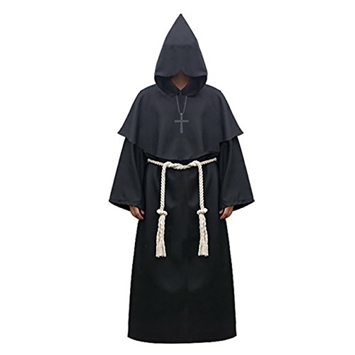 Feynman Herren Mönch Kostüm Mönch Robe Priester Gewand Kostüm mit Kapuze Mittelalterliche Renaissance Kapuze Mönchskutte Schwarz L