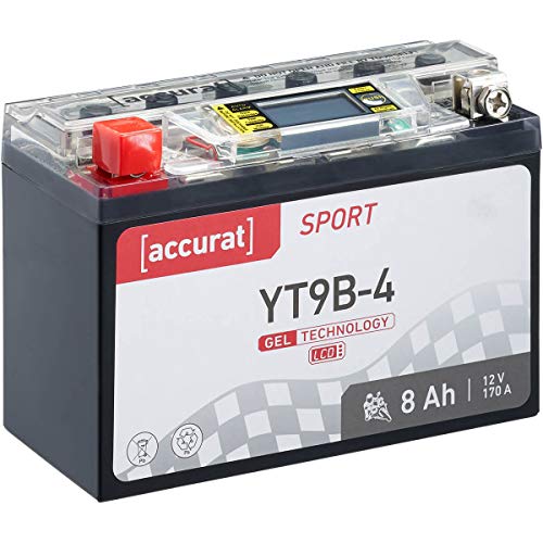 Accurat Motorradbatterie Sport YT9B-4 8 Ah 170 A 12V Gel Starterbatterie [LCD Display] Erstausrüsterqualität rüttelfest leistungsstark wartungsfrei