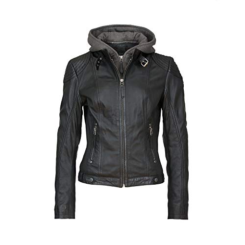 Cacey LEGV Schlichte Damen Bikerjacke mit Kapuzenweste, Farbe:bio black, Größe:L