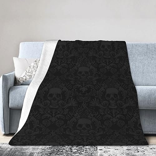 AOOEDM Vintage Halloween Schwarze viktorianische Gothic-Schädel-Damast-Flanell-Decke, superweiche Woll-Plüsch-Überwurfdecke, Schlafzimmer-Bettwäsche, dekorative Decke