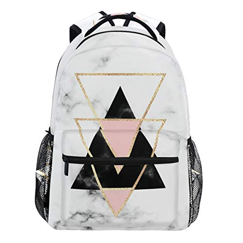 Oarencol Rucksack mit geometrischem weißen Marmor, Goldfarbene und Schwarze Dreiecke, für Reisen, Schule, Hochschul, für Damen und Herren und Jungen