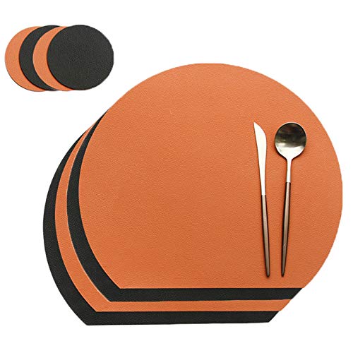 Platzset Abwaschbar 4er Set, Tischset Leder mit Glas Untersetzer, Platzdeckchen Hitzebeständig für Küche Zuhause Restaurant Speisetisch (Color : Black+orange)