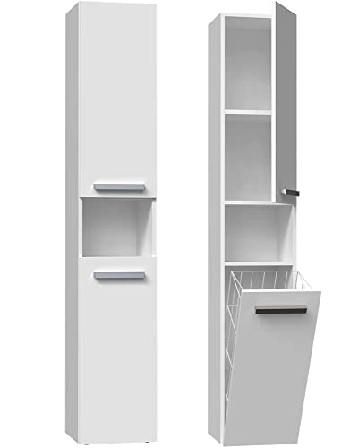 ADGO Nel III Badezimmerschrank mit kurzen Türen und Korb Abmessungen des Schrankes sind 30 cm tief, 31 cm breit, 174 cm hoch Funktioneller Regal für Kleidung, Handtücher (Weiß)
