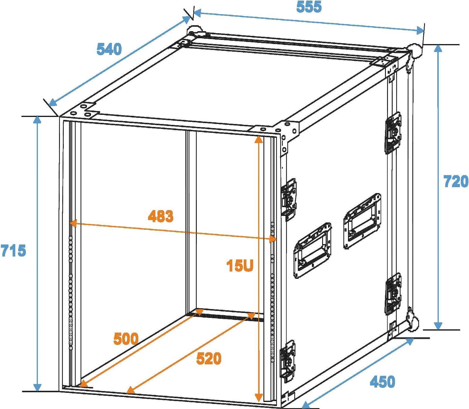 Roadinger Rack Profi, 15 HE, 45 cm Einbautiefe | PRO Flightcase für 483-mm-Geräte (19") | 2 abnehmbare Deckel | 9 mm mehrschichtig verleimtem Birkenmultiplexholz, dunkelbraun laminiert