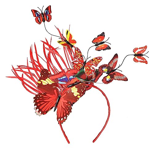 Schmetterlinge Stirnband Feder Fascinator Haarband Krone Teeparty Kopfschmuck Haarschmuck Accessoire Hochzeit Teeparty (Color : Rose Red, Size : 1)