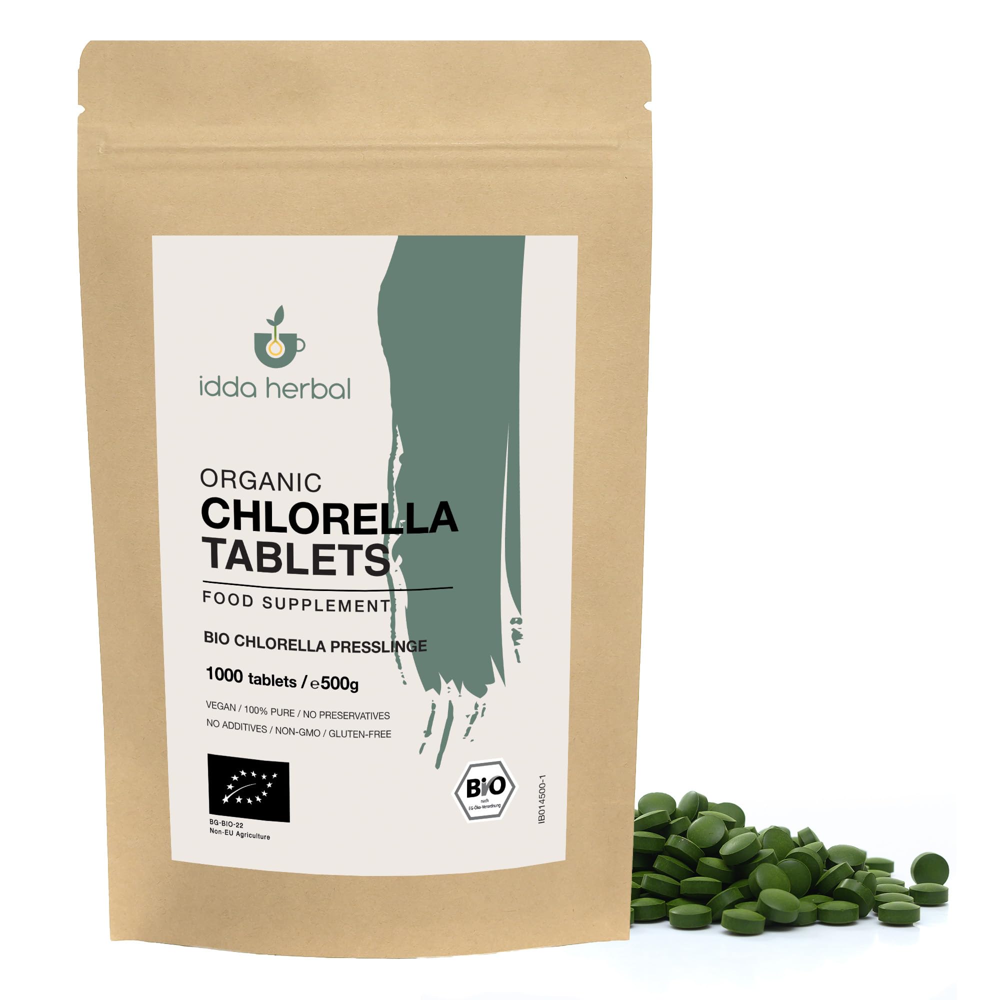 BIO Chlorella Presslinge 500mg, 1000 Tabletten (500g), Chlorella Alge, Mikroalge Chlorella Vulgaris aus biologischem Anbau, 100% Natürlich und rein, Vegan