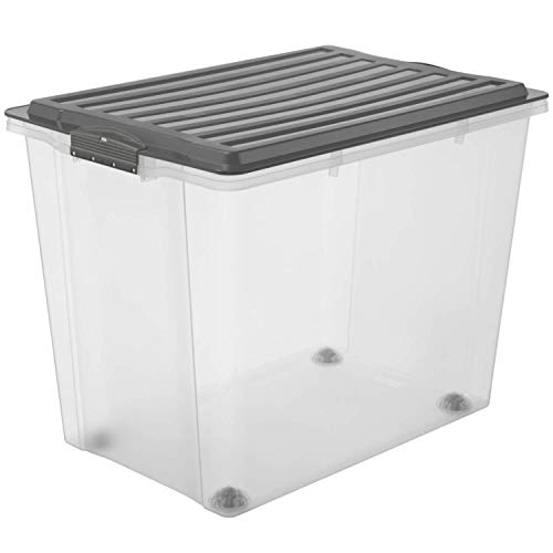 Rotho Compact Aufbewahrungsbox 70l mit Deckel und Rollen, Kunststoff (PP) BPA-frei, grau/transparent, A3/70l (57,0 x 39,5 x 43,5 cm)