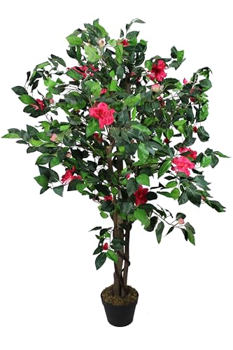 Arnusa Künstliche Kamelie 140 cm mit Echtholzstamm Kunstpflanze rote Blüten Baum künstliche Pflanze im Topf Kunstbaum Dekoration
