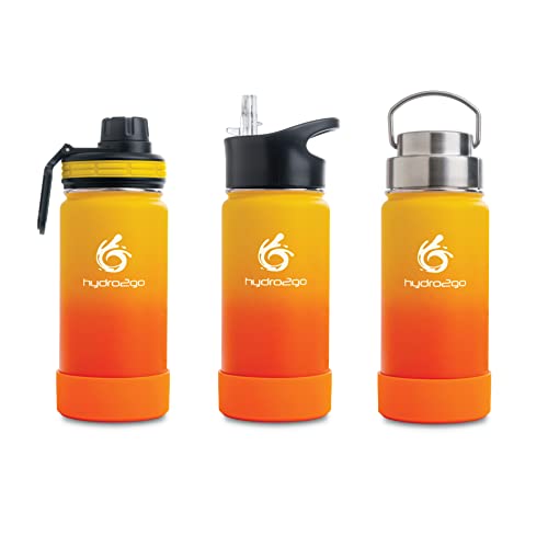 hydro2go ® Trinkflasche aus Edelstahl 350 ml / 0.35 Liter - für Kinder, Schule, Sport, Fitness & Outdoor | Thermo Edelstahlflasche BPA-frei + 3 Trinkverschlüsse (Sun)