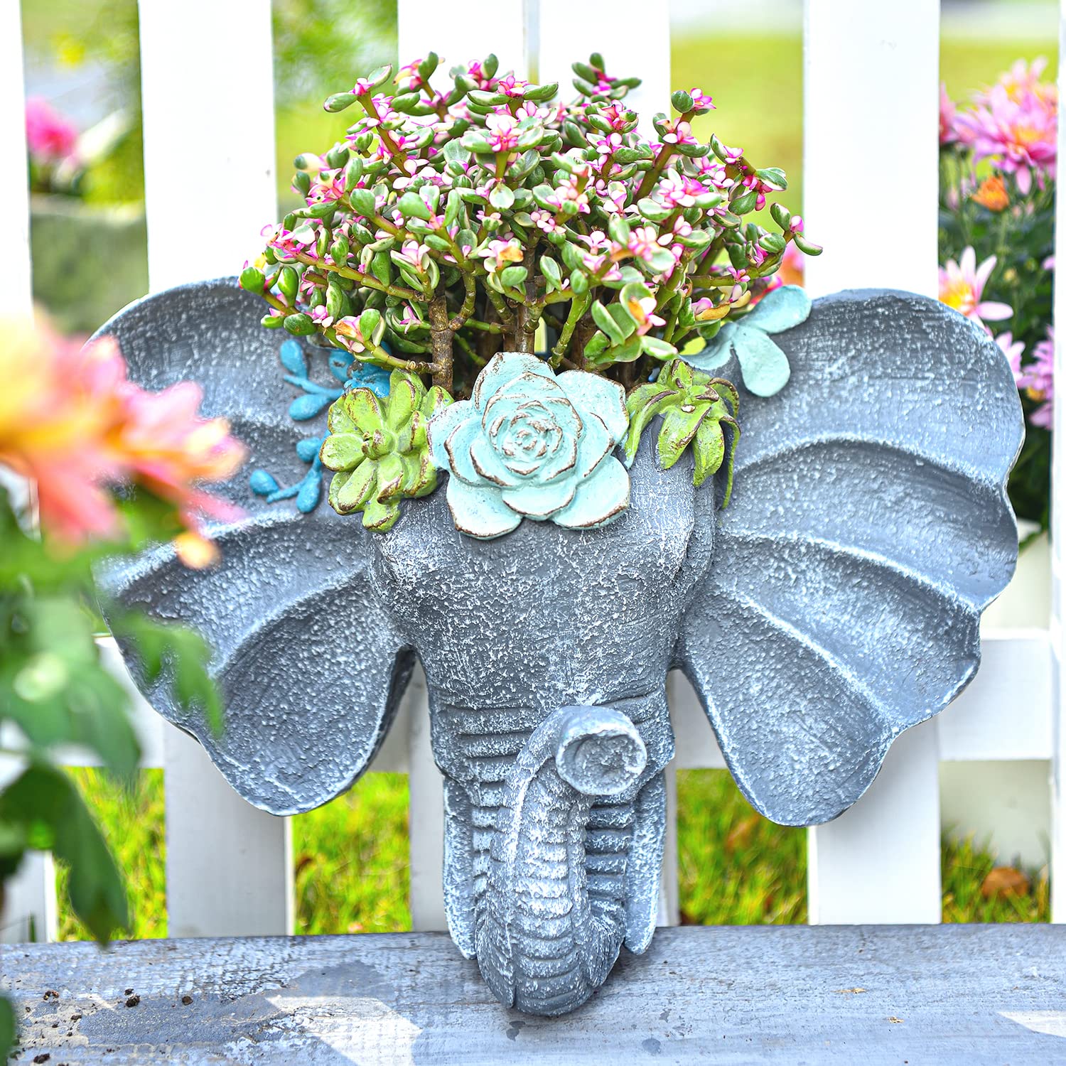 Sungmor Elephant Head Shaped Wandbehang Pflanzgefäß, Blumenpflanzentopf - Harz & Handbemalt & Grau - Skulptur Garten Wanddekoration im Freien, Pflanzenbehälter
