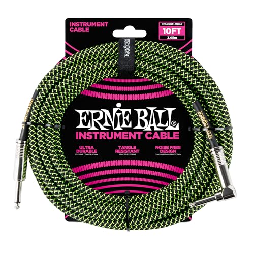 Ernie Ball 10ft Braided Straight Angle Inst Cable Black Green