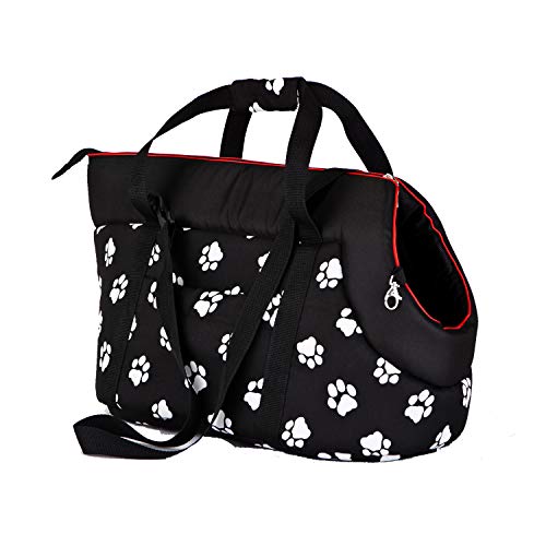 millybo Transporttasche für Hunde Katzen Tragetasche Transportbox Hundetasche (R1 (20 x 36 cm), schwarz mit Muster (Pfötchen))