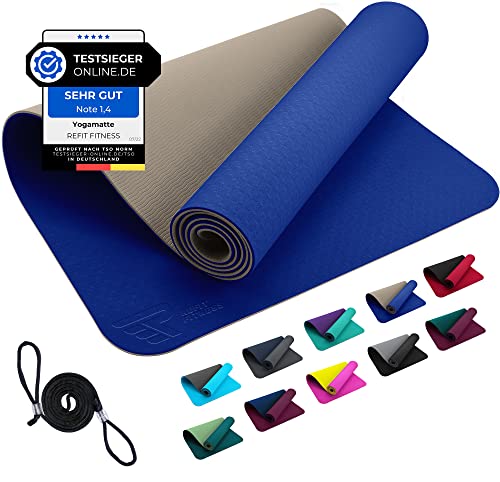 TPE REFIT Yogamatte Trainingsmatte 183 x 61 x 0,6 cm - Blau Beige rutschfeste Matte für Home Workout & Outdoor Training Gymnastikmatte Turnmatte Sportmatte Fitnessmatte Gym schadstofffrei Blue Skin