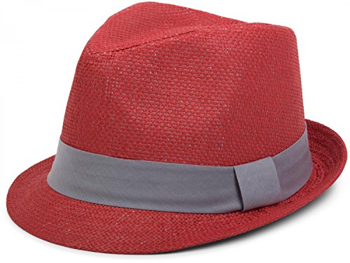 styleBREAKER Trilby Hut, Leichter Papierhut mit kontrastfarbigem Zierband, Unisex 04025002, Farbe:Rot/Dunkelgrau;Größe:S/M = 56 cm