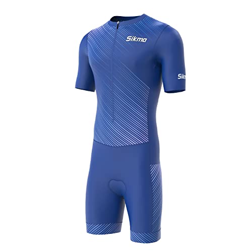 Herren Radsportanzug Gel Gepolstert Einteiler Trisuit Bike Top Kurz Sublimiertes Design, blau, L