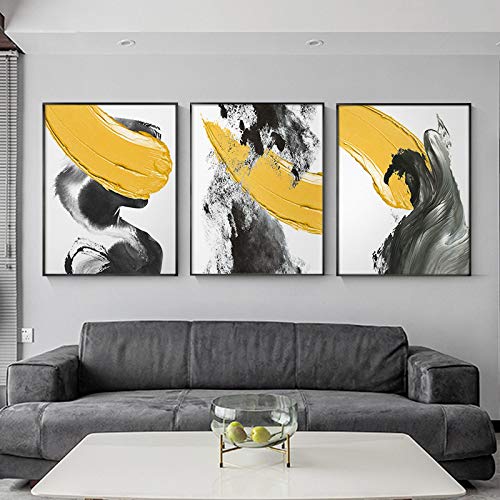 Guying Art Abstraktes Wandkunstbild, gelb, schwarz, Poster und Drucke, hellgrau, Leinwandgemälde, moderne Leinwandkunst für Wohnzimmer, 60 x 80 cm (24 x 32 Zoll) x 3, mit Rahmen