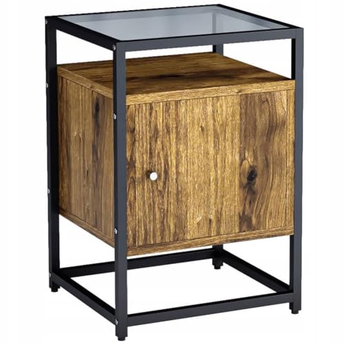 BAKAJI Nachttischschrank Beistelltisch für Sofa, Nachttisch aus Metall, Holz und Glas, mit Tür und Ablage, Holzwerkstoff, Schwarz, Medium