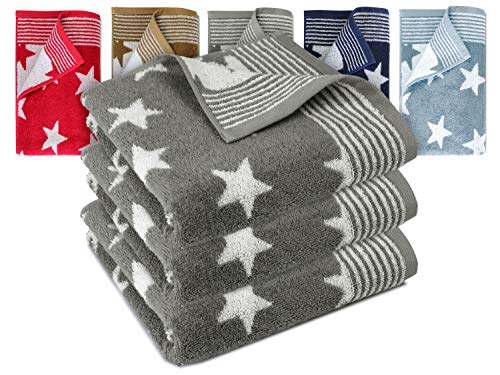 Dyckhoff Frottierserie aus dem Hause 3er-Pack Handtücher oder EIN Duschtuch - Elegantes Streifendesign kombiniert mit Sternen - geprüfte Qualität, 3er Pack Handtücher [50 x 100 cm], grau
