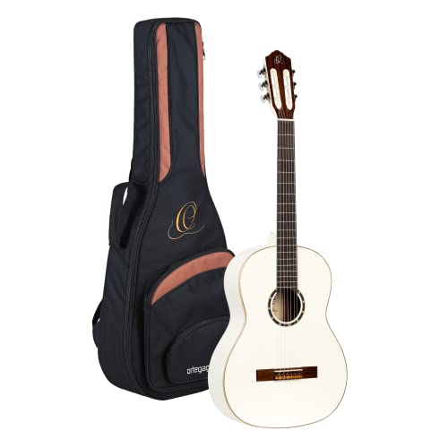 Ortega R121SNWH Konzertgitarre mit schmalem Hals (hochglanz Finish, Luxus Gigbag) weiß