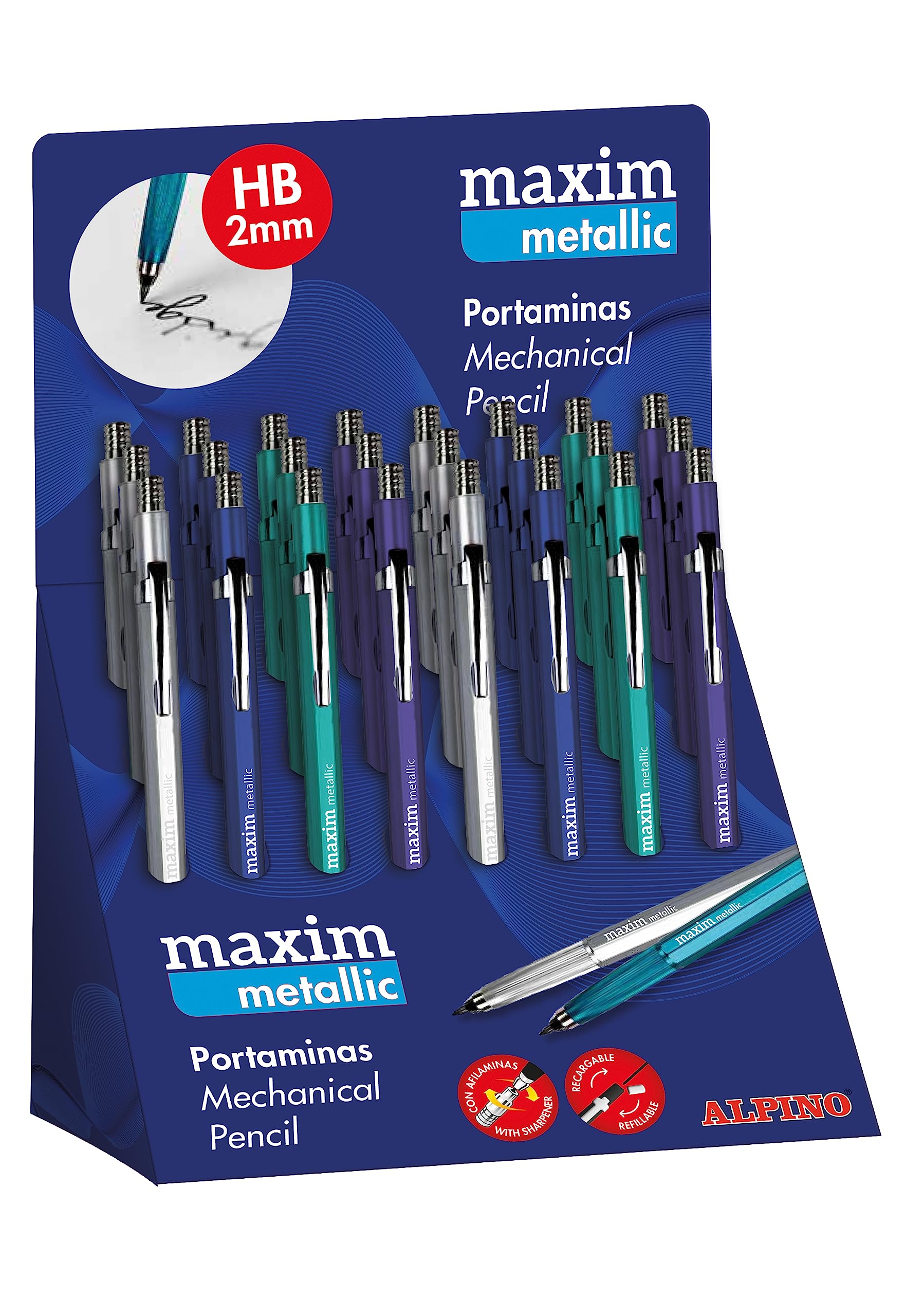 Alpino Maxim Metalix Druckbleistift, 2 mm, mit Metallgehäuse und Spitzen, 24 Stück, Blisterpackung mit 12 HB-Minen, Metallic-Farben