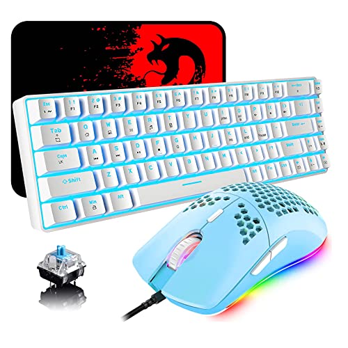 Tastatur und Maus Gaming Set, 68 Tasten Blauer Schalter 60% Mini Eisblaue Backlit Mechanische Tastatur Weiß, 6400DPI Leichte Programmierbar Maus Grün, USB-Kabel, Kompatibel mit Windows Mac PS4
