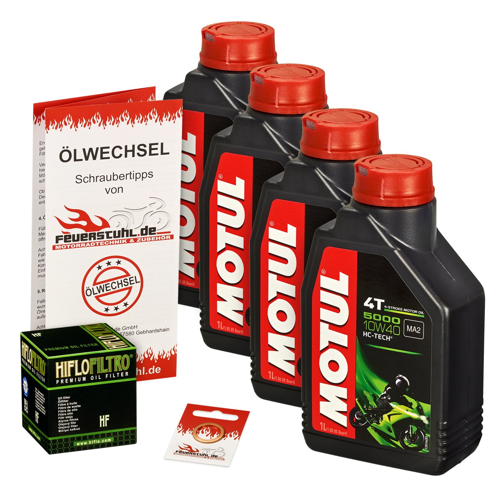 Motul 10W-40 Öl + HiFlo Ölfilter für Honda CB 900 F Hornet, 02-06, SC48 - Ölwechselset inkl. Motoröl, Filter, Dichtring