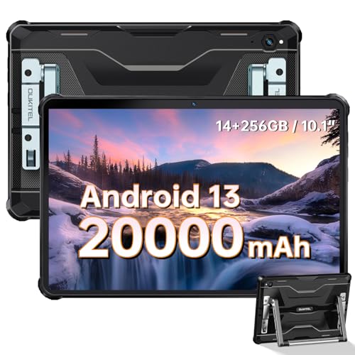 OUKITEL RT6 Outdoor Tablet 10.1 Zoll, 20000mAh Akku Android 13 Tablet, 14GB(8+6) RAM + 256GB ROM IP68 Wasserdicht Tablet, 16MP Kamera, Octa-Core, Dual SIM 4G LTE Tablet PC, 5G WiFi, GPS, OTG - Schwarz
