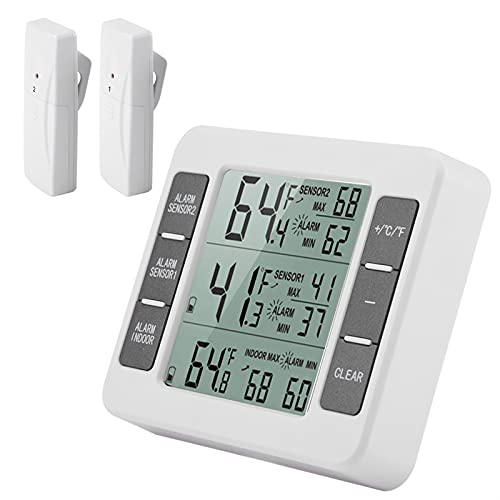 Juli-Geschenk Kabelloses Thermometer, digitaler akustischer Alarm, Kühlschrankthermometer mit Sensor, Min/Max-Anzeige, Kabellos