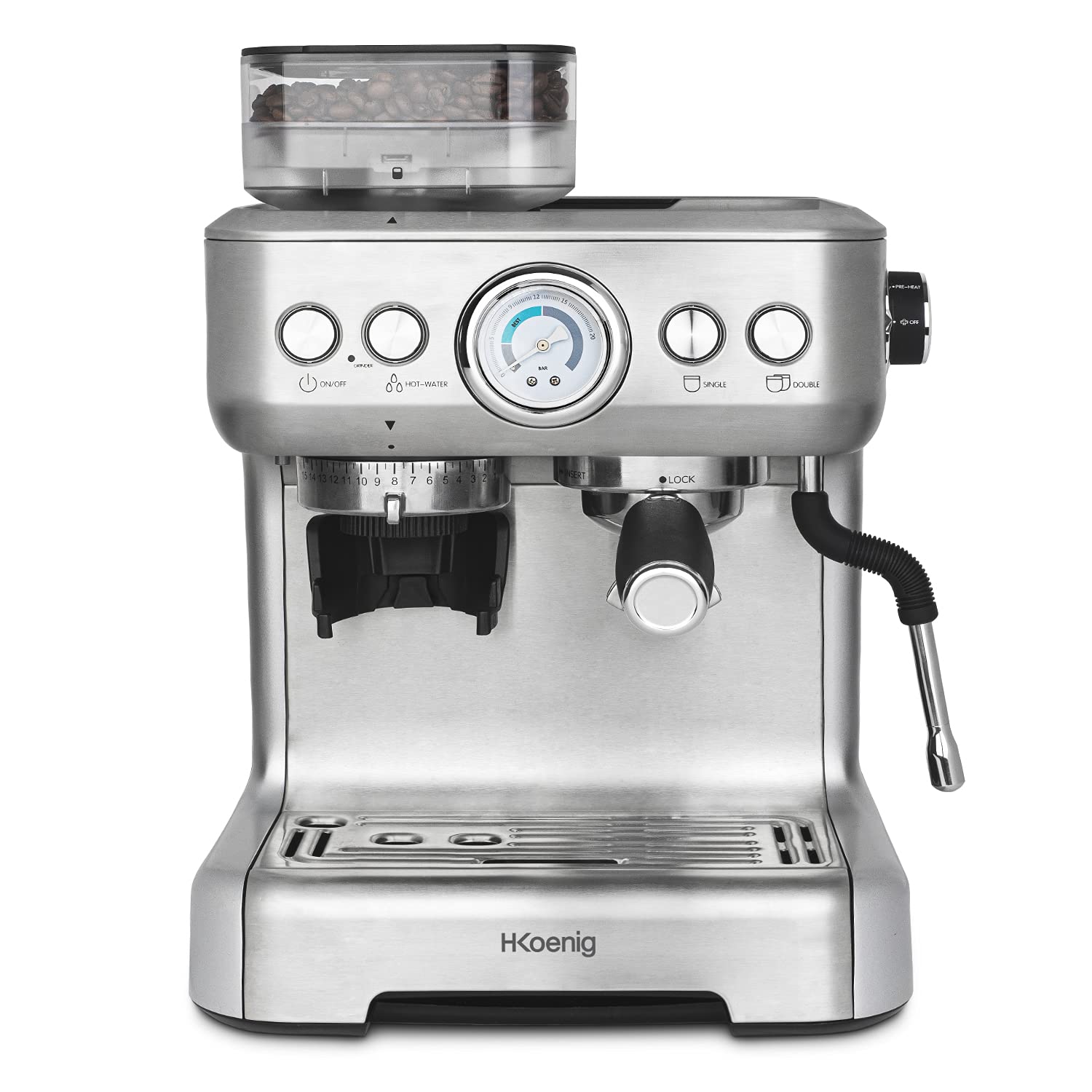 H.Koenig Espressomaschine mit Mahlwerk EXPRO980, 2,7 l, 250 g, Körnungsbehälter, 15 Mahlgrößen, italienische Pumpe, individuell anpassbare Dosierung für 1 oder 2 Tassen, Druck 20 bar, Vollautomat