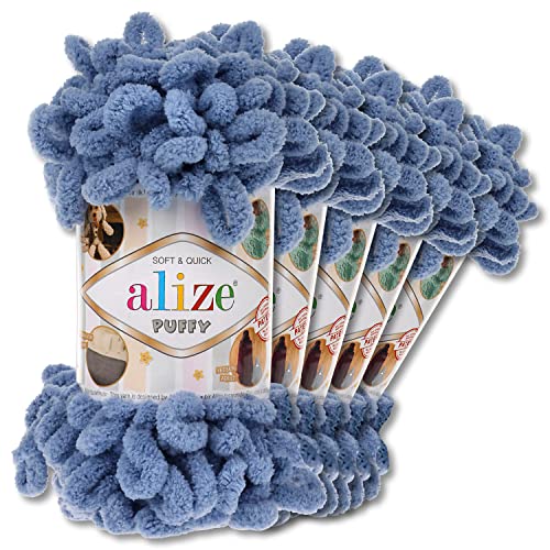 Alize 5 x 100 g Puffy Wolle Chenille Schlaufenwolle Häkeln und Stricken ohne Hilfsmittel Kleidung Accesoire Decken Teppiche (374 | Graublau)