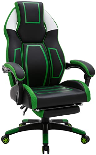CLP Bürostuhl Clovis Kunstleder I Höhenverstellbarer Schreibtischstuhl Mit Kopfstütze I Gaming-Stuhl mit Fußstütze, Farbe:schwarz/grün