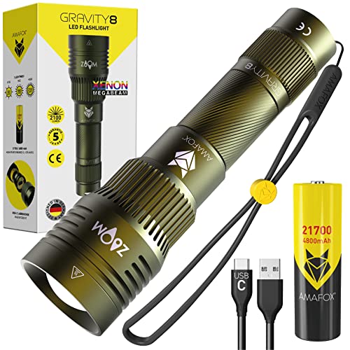 AMAFOX G8 - XENON Megabeam Hochleistungs- LED Taschenlampe - Militärgrün - Extrem Hell | Taktische Taschenlampe led aufladbar mit USB C & 21700 Akku