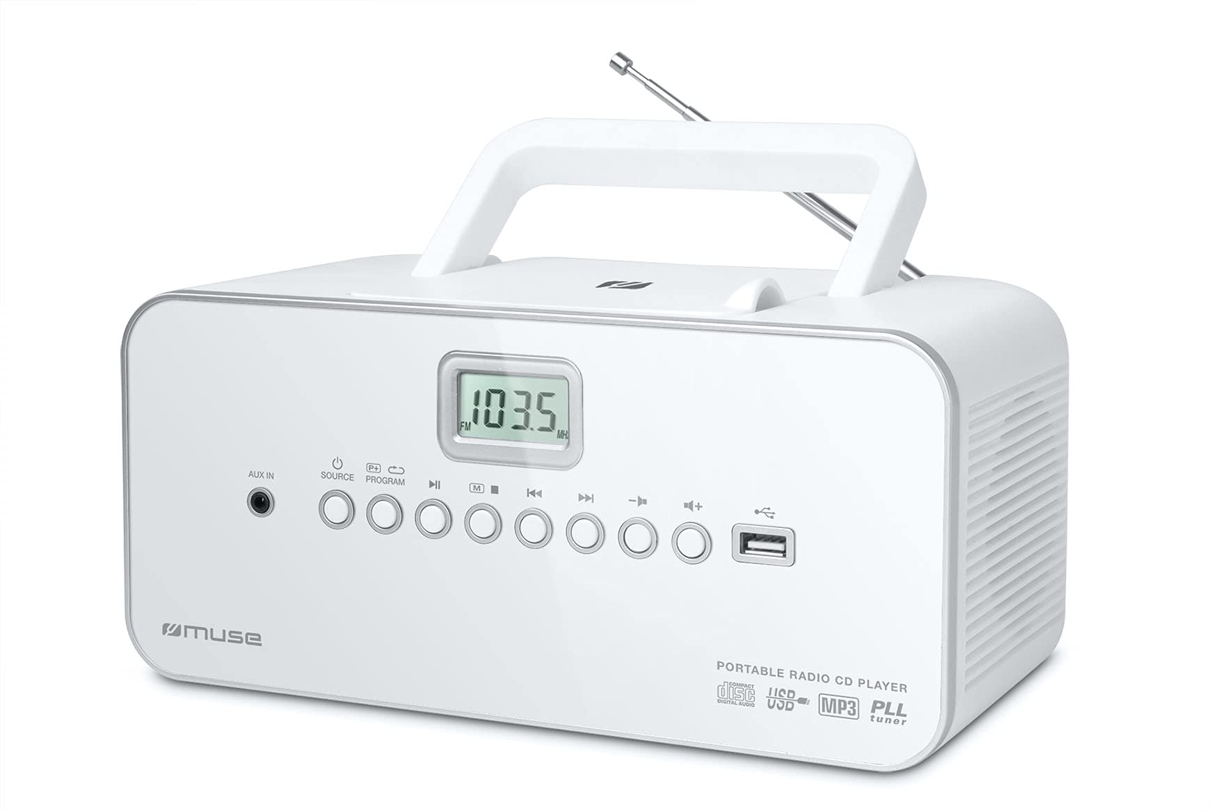 Muse M-28 RDW CD-Radio tragbar, PLL UKW-Radio, MW-Tuner, Senderspeicher, USB, MP3-Wiedergabe, Netz- oder Batteriebetrieb, weiß